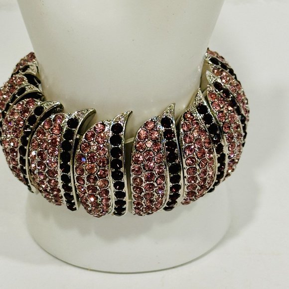 Cuff Bracelet Silver Tone Metal Base Burgundy & Pink Rhinestones EUC Expandable - Picture 4 of 7